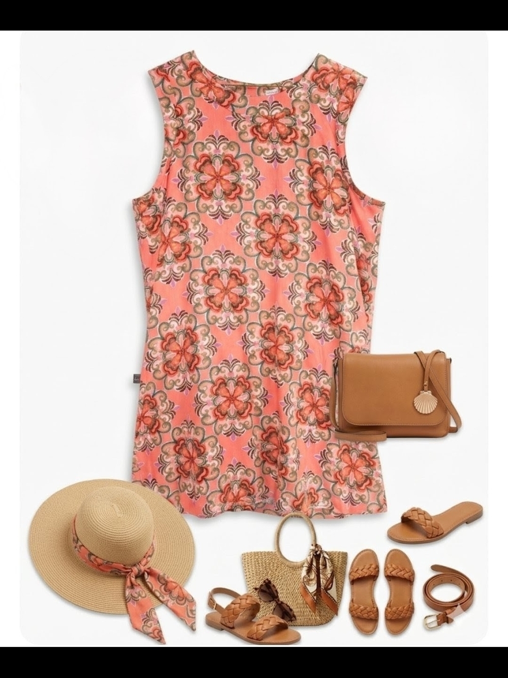 Casa Cabana Linen Blend Kaleidoscope Print Shift Dress Coral Green XL Lined